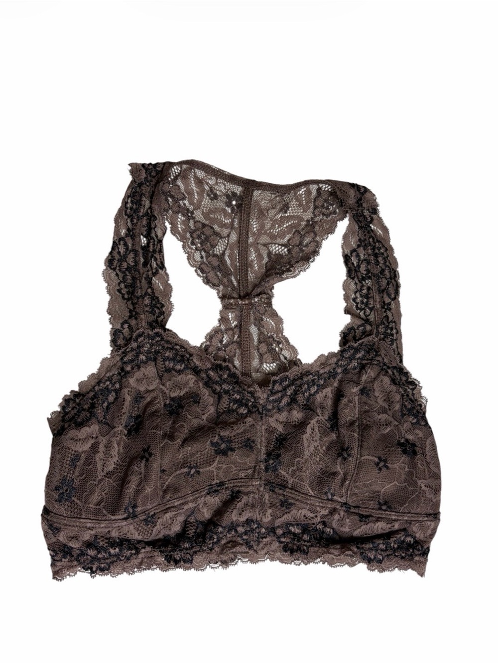 Day trip brown & black lace floral nylon mesh racer back bralette size XS/S